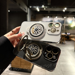 適用iPhone15手機殼AG磨砂電鍍旋轉陀螺磁吸支架蘋果14護鏡保護套