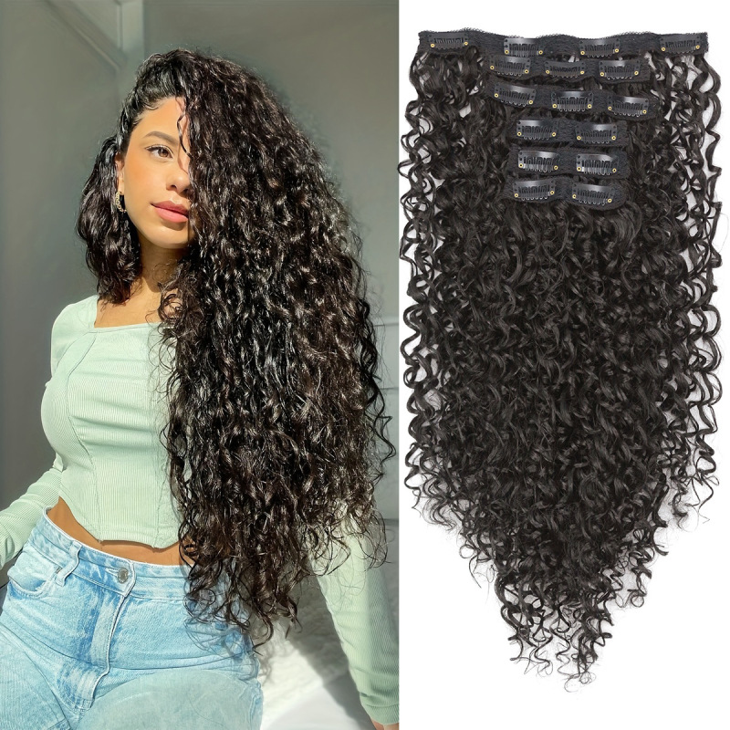 クロスボーダー热い贩売化繊カーラーヘアクリップヘアエクステKINKY CURLY Clip Insフルヘッドウィッグレディースブラックブラウン|undefined