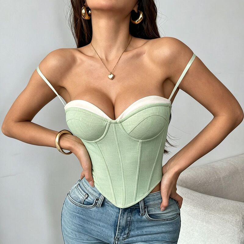 Cross-Border European and American New Ins Hot-Selling Color-Blocking Spicy Girl Fishbone Bra Cotton Pure Desire Camisole Women's Clothing 70096