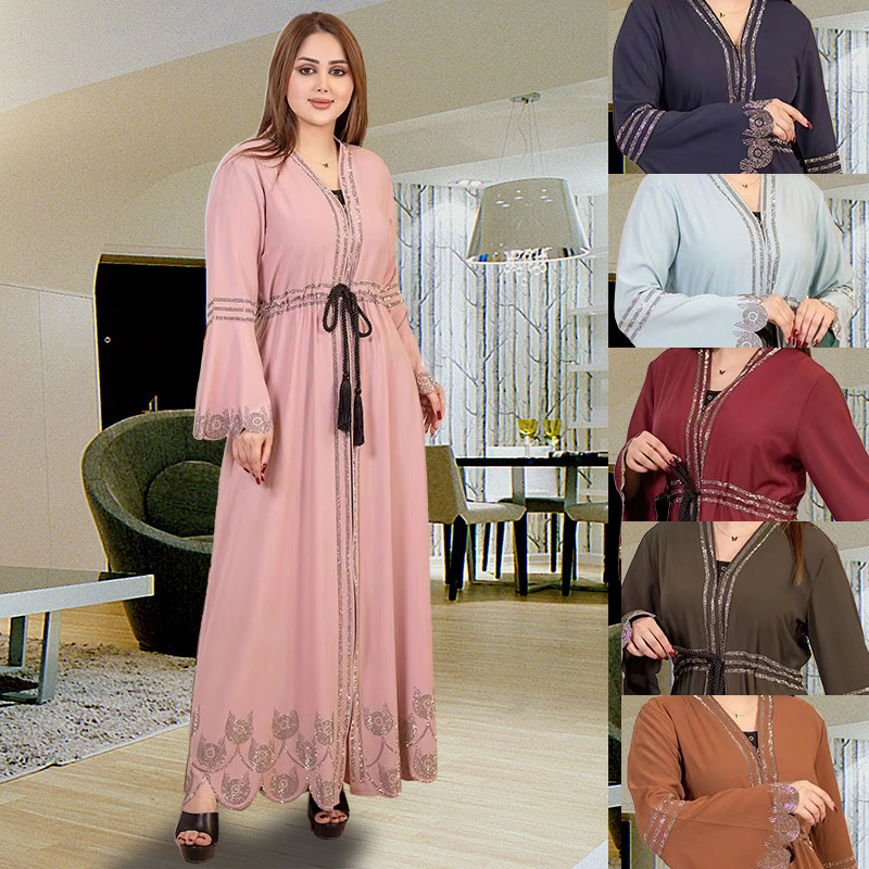 Foreign Trade Cardigan Dress, Plus-Size, Large Hem Dress, Ethnic Style Long Dress, Fashionable Rhinestone Tie-Up Robe 9007