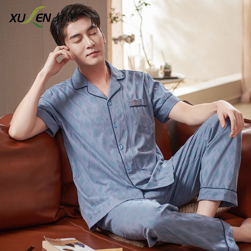 Pijamas de mediana edad para hombres de verano Delgado 100% algodón de manga larga para hombres de verano suelto traje para el hogar
