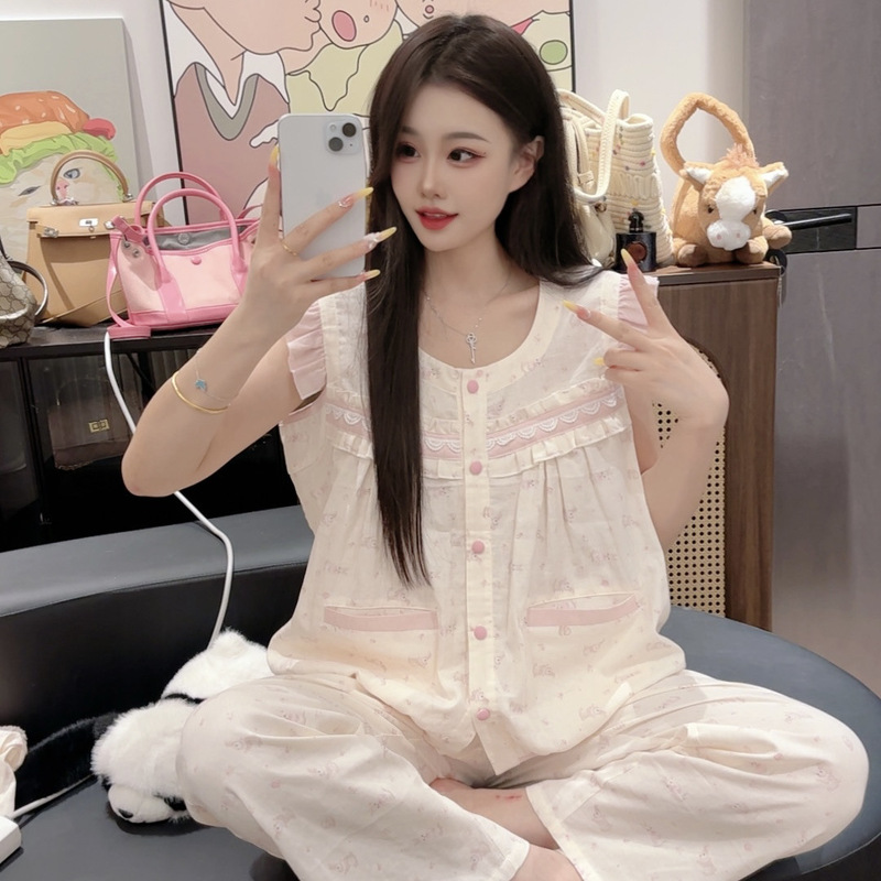 2025 New Summer Style High-End Sweet and Cute Floral Cotton Pajamas for Women, Home Clothes That Can Be Worn Outside to Look Slim and Breathable