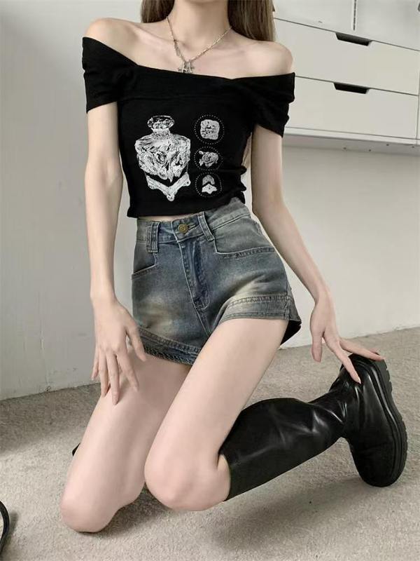 复古辣妹休闲高腰牛仔短裤女夏季2025新款宽松显瘦阔腿百搭热裤子|undefined