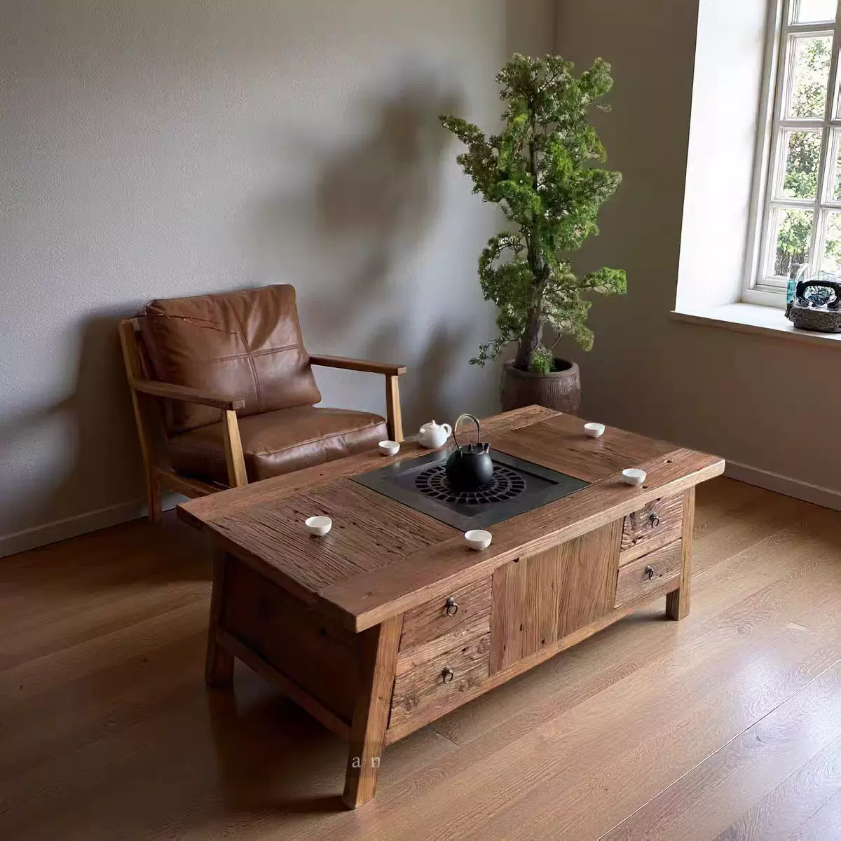 实木茶桌侘寂风老榆木围炉煮茶桌复古老门板茶桌庭院烧烤桌火锅桌