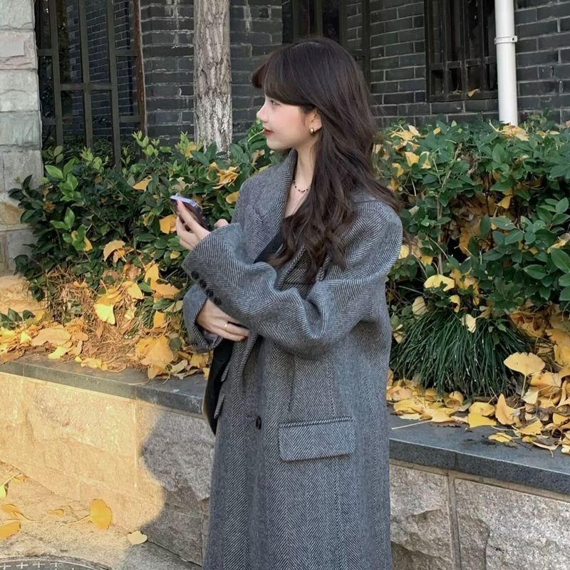 长款灰色呢子大衣女西装毛呢外套秋冬季韩系小个子感气质日式