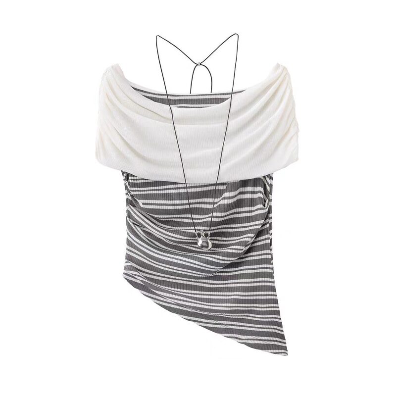 In Stock 2026 Summer New Designer Style Relaxed Gray and White Striped Off-Shoulder Knit Top Rk32402410 In Stock 2026 Summer New Designer Style Relaxed Gray and White Striped Off-Shoulder Knit Top Rk32402410