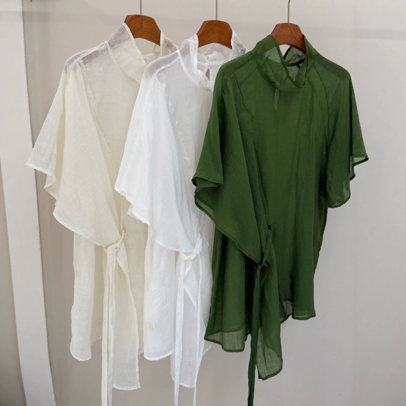 Solid Color High-Neck Batwing Sleeve Irregular Tie Shirt for Women, Summer Thin Ramie Trendy Versatile Plus-Size Top