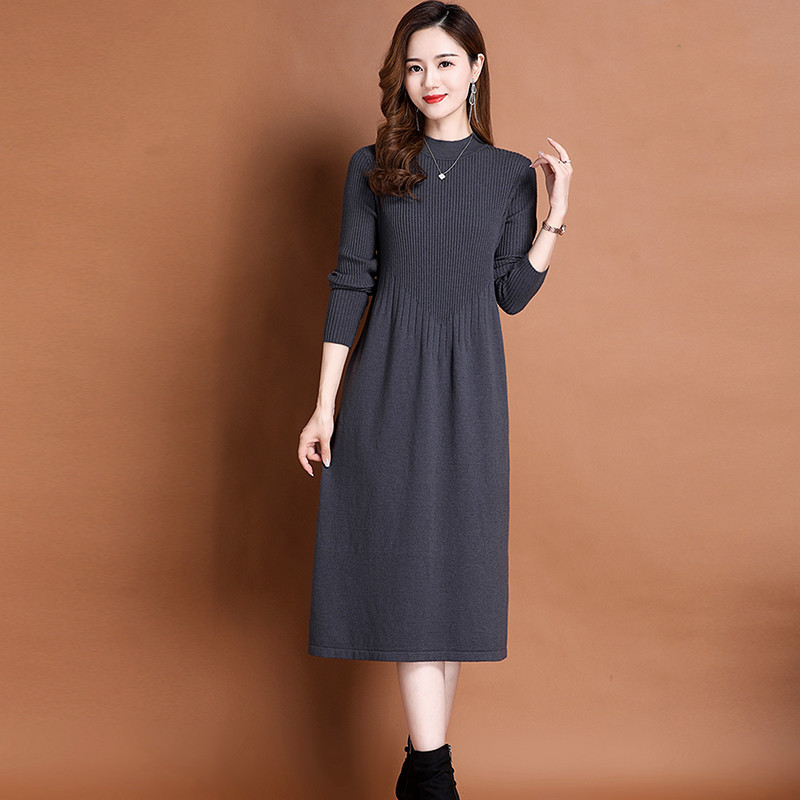 Knitted Sweater dress Women's Autumn and Winter New Overcoat Sweater Half-turtleneck Elegant Base A- line Skirt Trendy