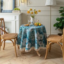 乐轩秀桌布美式复古提花蓝色菊花圆桌布咖啡厅装饰布艺茶几盖巾