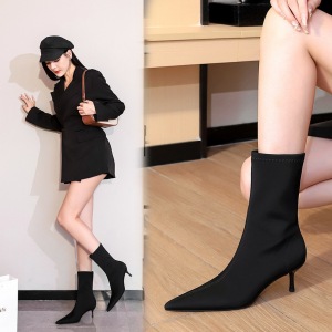 328-1 European and American Style Fashion Simple Thin Heel High Heel Shallow Mouth Pointed Elastic Lycra Slim Fit Women&