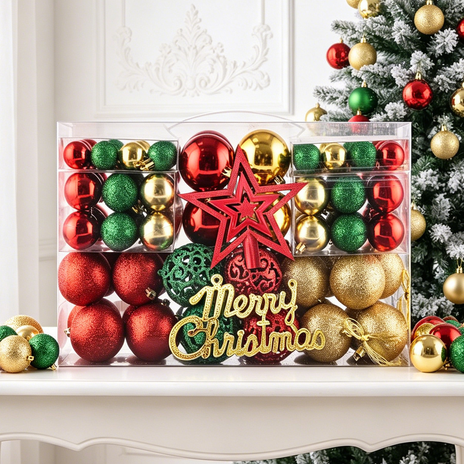 Suministros de decoración de árboles de Navidad transfronterizos 100 paquetes de bolas de plástico huecas brillantes de galvanoplastia Colgante de caja de regalo de bolas de Navidad