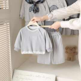 春季新款男宝简单休闲套装婴幼儿外出休闲抱服婴儿哈衣爬服纯色衣