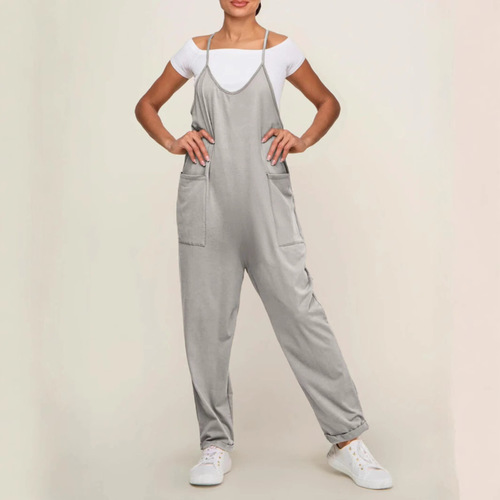 European and American fat buttocks women's pocket suspender adjustable buckle jumpsuit