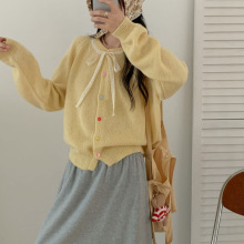 蕾丝系带奶呼呼甜美系针织毛衣开衫女秋冬慵懒感宽松彩色纽扣外套