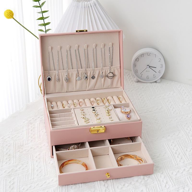 Cajón de doble capa caja de joyería de cuero luz pendientes de lujo caja de almacenamiento de joyería pendientes con cerradura caja de joyería