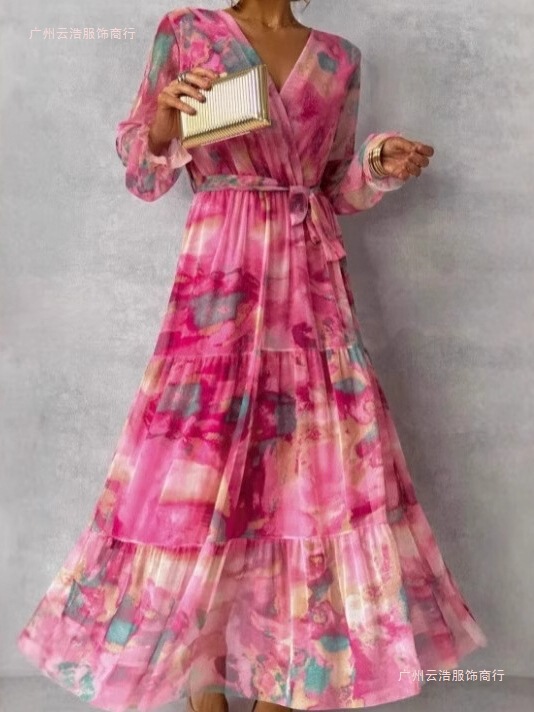 2026 European and American Cross-Border Style Elegant and Intellectual Hot-Selling Tie-Waist Printed Patchwork Flared Women's Dress 2026 European and American Cross-Border Style Elegant and Intellectual Hot-Selling Tie-Waist Printed Patchwork Flared Women's Dress