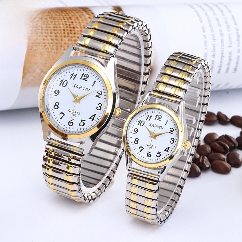 中老年人大表盘指针数字面男士手表女松紧弹力带石英情侣时尚对表