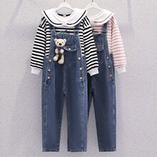 女童春春秋牛仔背带裤女儿童卫衣套装新款中大童背带裤裤子宽松