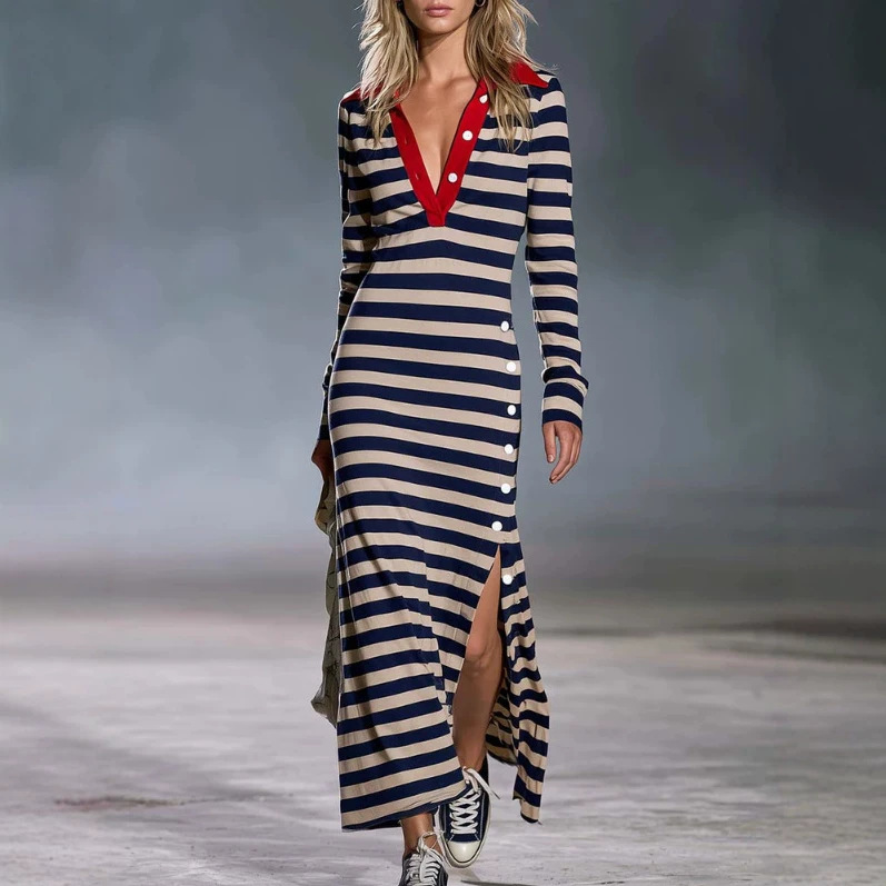 2026 Autumn/Winter New Women's Dress European and American Cross-Border Knitted Polo Collar Half-Button Casual Long Dress