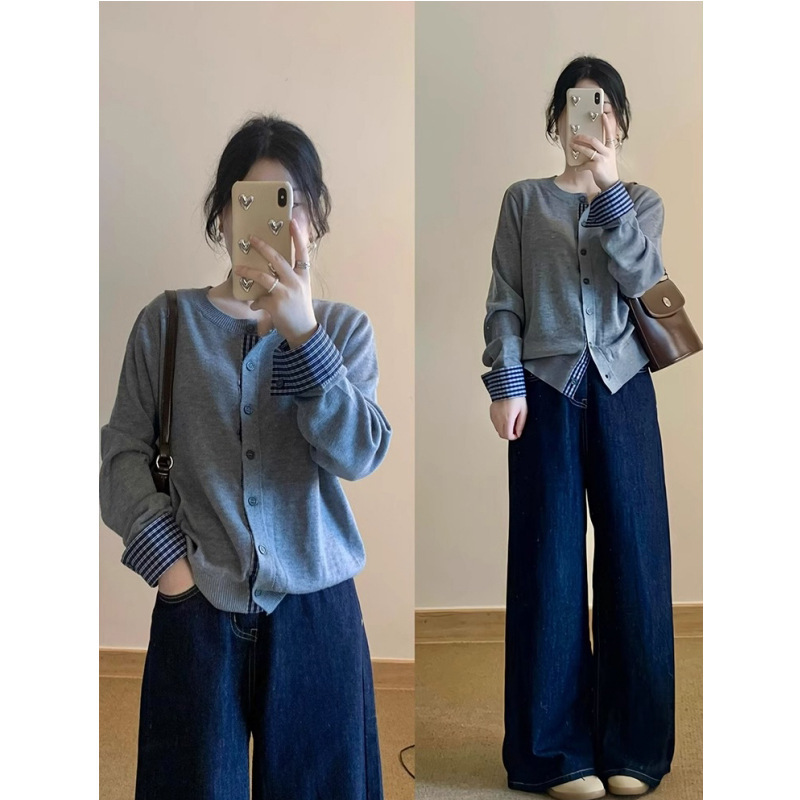假两件miu系叠穿针织衫女秋冬灰色毛衣开衫外套拼接格子内搭上衣|undefined