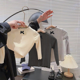 Girls' Long-sleeved T-shirt with Ear-rimmed Bow Long-sleeved Top 2024 Autumn New All-match Bottoming Shirt for Baby Girls