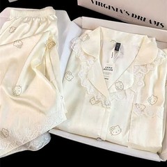 甜美可爱ins风Kitty猫睡衣女春秋季长袖长裤套装蕾丝边休闲家居服