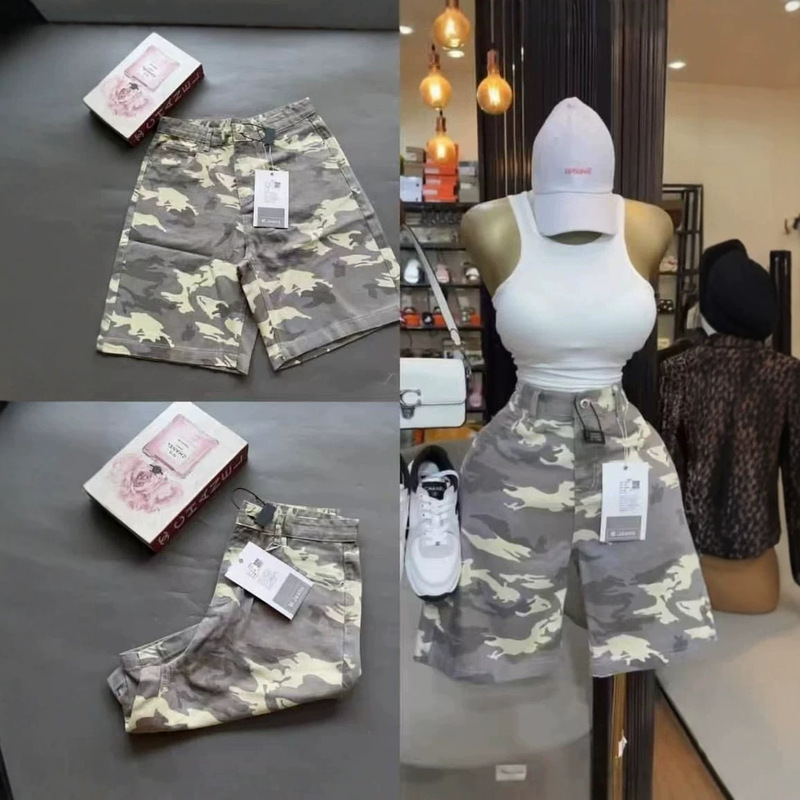 Amazon American retro camouflage mid-waist loose straight wide-leg denim shorts for trendy girls cross-border Amazon American retro camouflage mid-waist loose straight wide-leg denim shorts for trendy girls cross-border