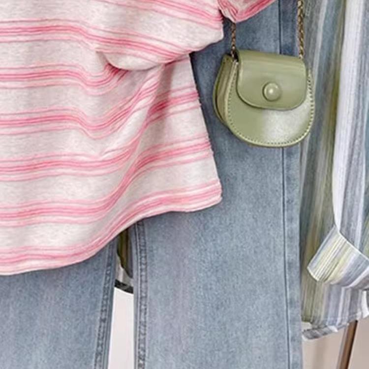 夏甘いデザインピンクストライプ半袖TシャツルーズファットMM 150kg大きいサイズラウンドネックカジュアルトップ|undefined
