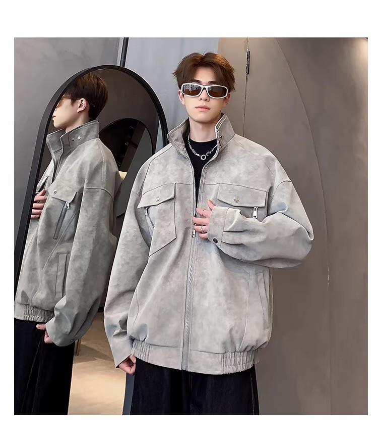 Men's Flight Jacket Pu Leather Stand Up Collar Workwear Casual_voghion.com