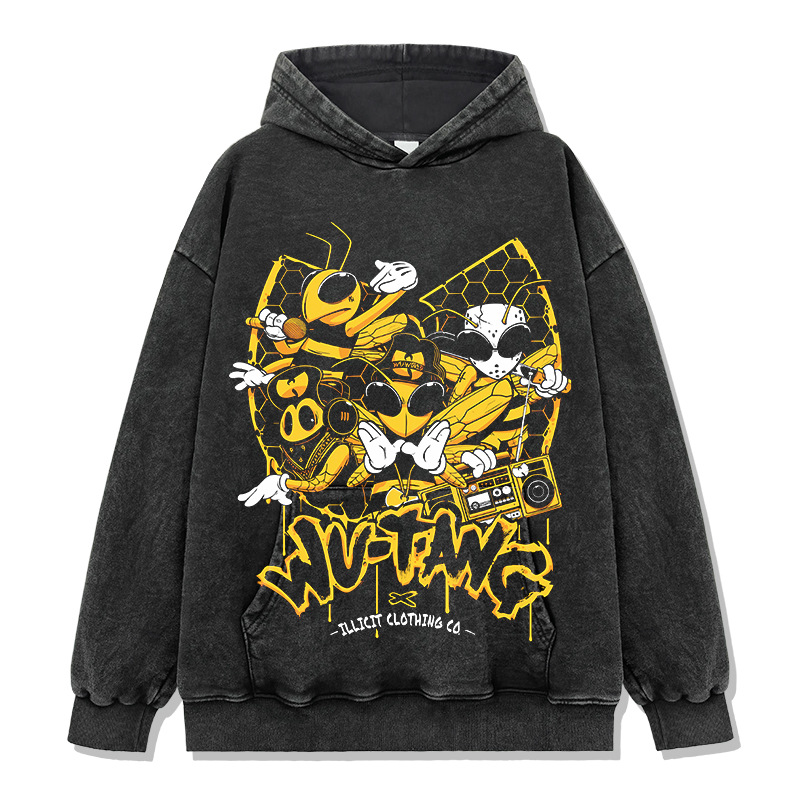 Wu-tang camiseta de manga corta retro americana con estampado lavado y desgastado suéter con capucha y cuello redondo suelto de algodón pesado