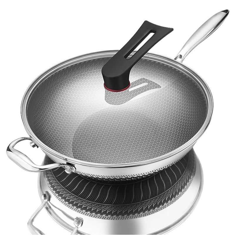 Wok de acero inoxidable 316 cuidadosamente seleccionado, menos humo de aceite, pantalla de doble cara, panal, wok antiadherente, cocina de inducción de gas doméstica
