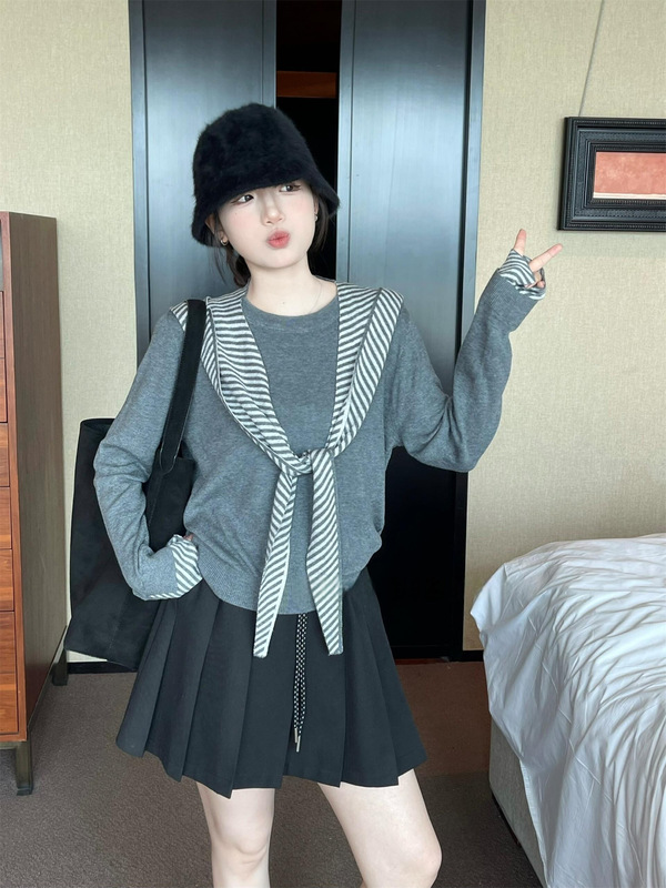 学院风灰色条纹披肩长袖针织衫女秋季韩系穿搭chic别致慵懒风上衣|undefined