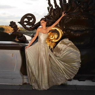 Golden Metallic Pleated Formal Evening Dress Sexy�Ը����Y��
