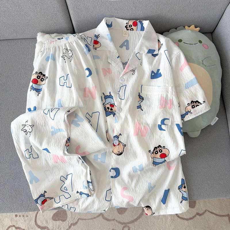Verano hombre nube algodón corto y largo dos piezas conjunto de pijamas de moda simple con tapa cardigan ropa de hogar se puede usar fuera delgada