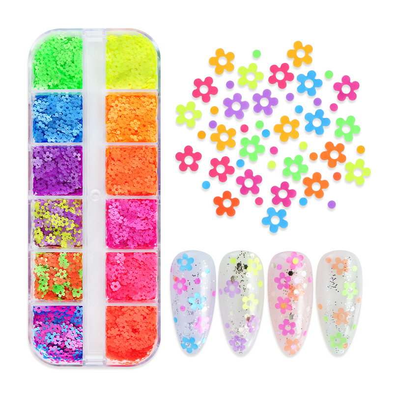 12-rejilla en caja de colores en forma especial lentejuelas mariposa amor flor estrella uñas DIY lentejuelas joyería al por mayor