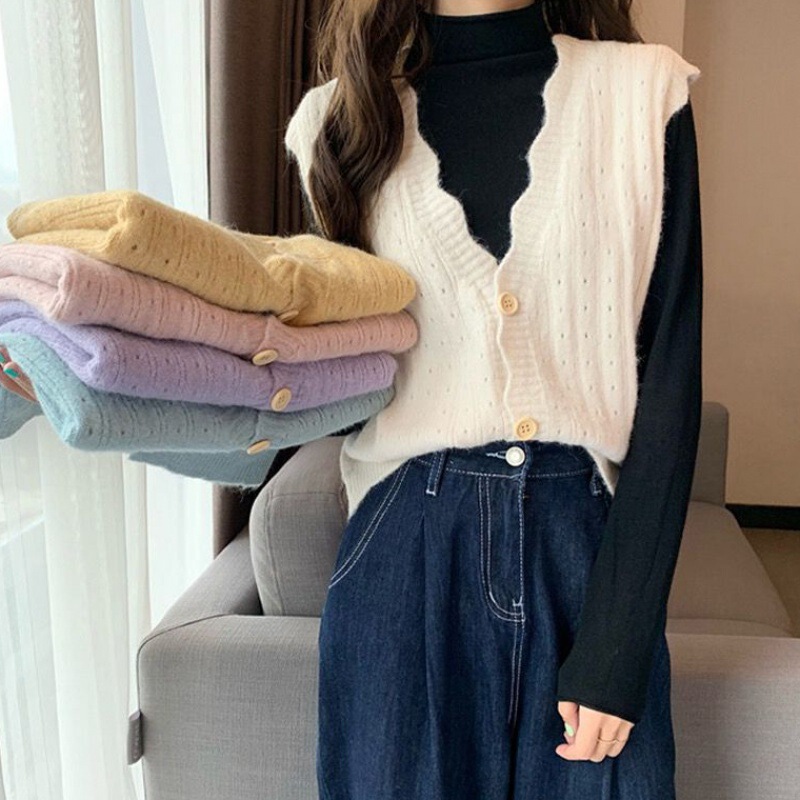 Women's Wool Knitted Vest Spring and Autumn Loose Short Wave Edge Single-breasted Hollow Sweater Small Cardigan Waistcoat Women's Wool Knitted Vest Spring and Autumn Loose Short Wave Edge Single-breasted Hollow Sweater Small Cardigan Waistcoat
