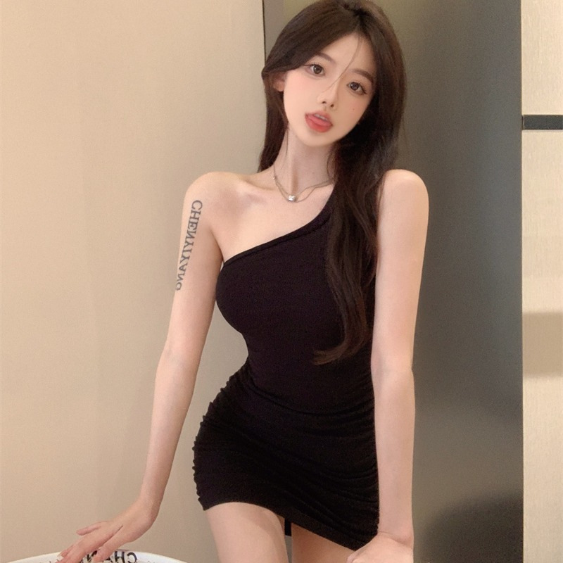 Sup European and American New Style Long Skirt Color-Blocked Camisole Dress Ins Pure Color Backless Waist Slimming Look Hip-Hugging Dress