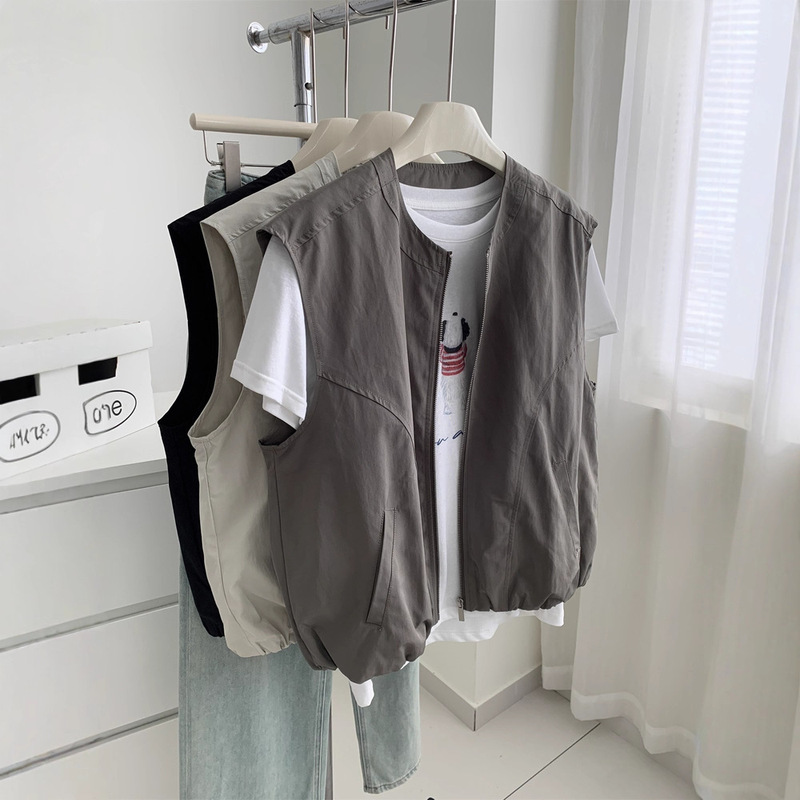 Japanese-Style Round Neck Zipper Design Sleeveless Layered Vest Jacket for Women, New Autumn Loose Simple Versatile Top