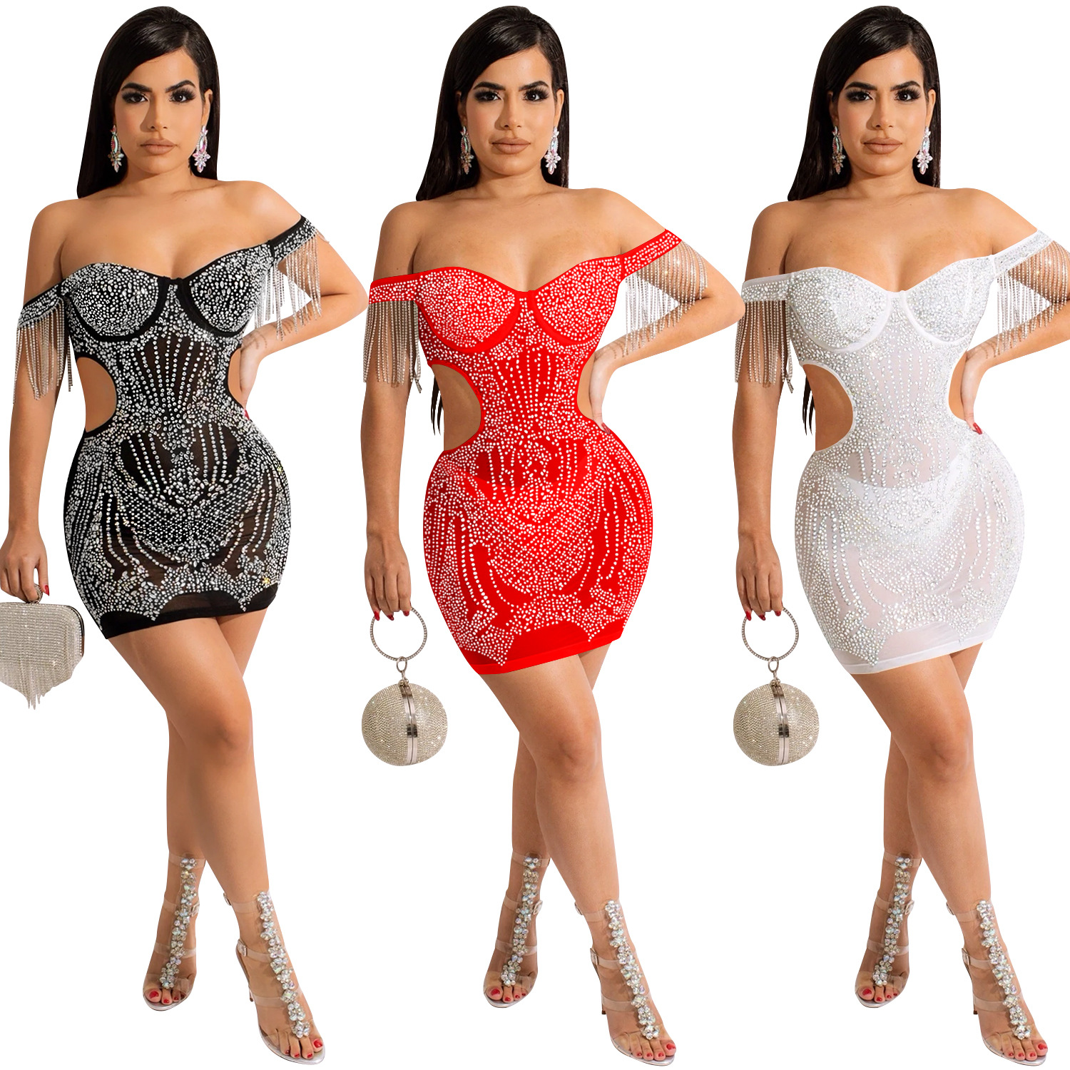 solid color hot drilling perspective mesh flat shoulder tassel wrapped chest hollow dress （with a panty ） NSXYZ118555