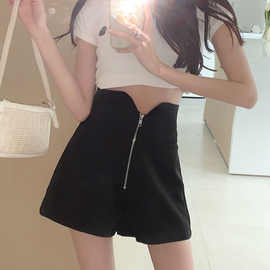 大码胖mm黑色短裤女夏宽松高腰a字阔腿裤设计感小众拉链休闲裤子