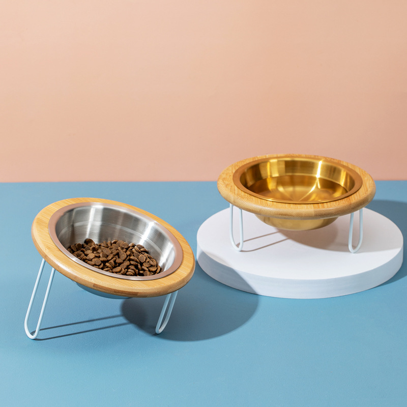 Tazón de acero inoxidable gato alta protección de la pierna columna cervical gato tazón de comida gato perro gato cuenca bebedero mascota tazón de cerámica bambú estante de madera