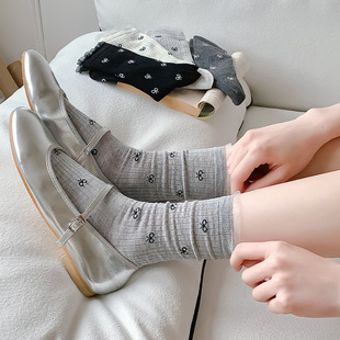 Korean Girl's Sweet Bow White Socks Women's Spring and Summer Thin Outer Wear Cute Lace Mid-Length Socks