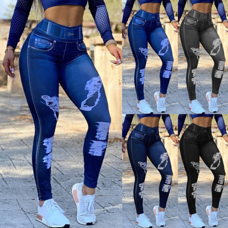 European and American AliExpress Explosions Women's High Waist High Elastic Imitation Denim Leggings plus size Fitness Sports Yoga Pants
