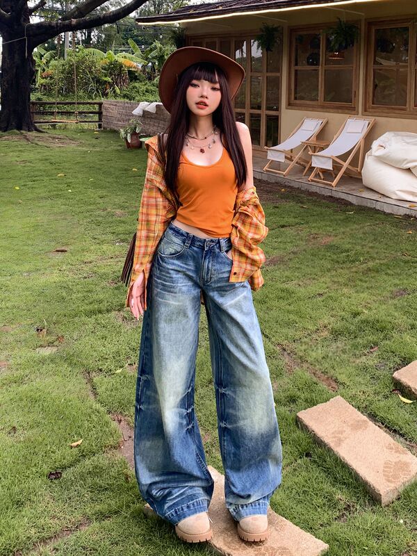 美式重工水洗牛仔裤女2025年秋季新款高腰宽松显瘦直筒阔腿拖地裤|undefined
