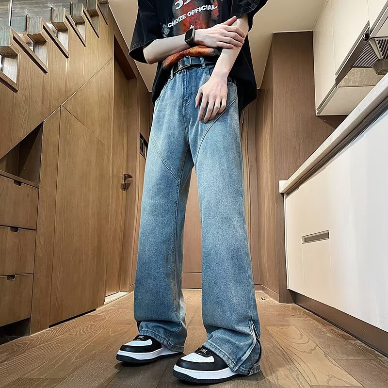 American Style Vintage Washed Stitching Side Zipper Jeans Men's Trendy Brand High Street Vibe Planique Handsome Loose Micro Trousers