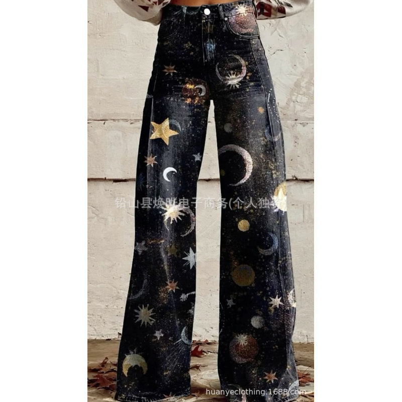 2025 Foreign Trade Cross-Border Aliexpress Ebay European and American Foreign Trade Plus-Size Women's Casual Pants Thin Imitation Jeans Wide-Leg