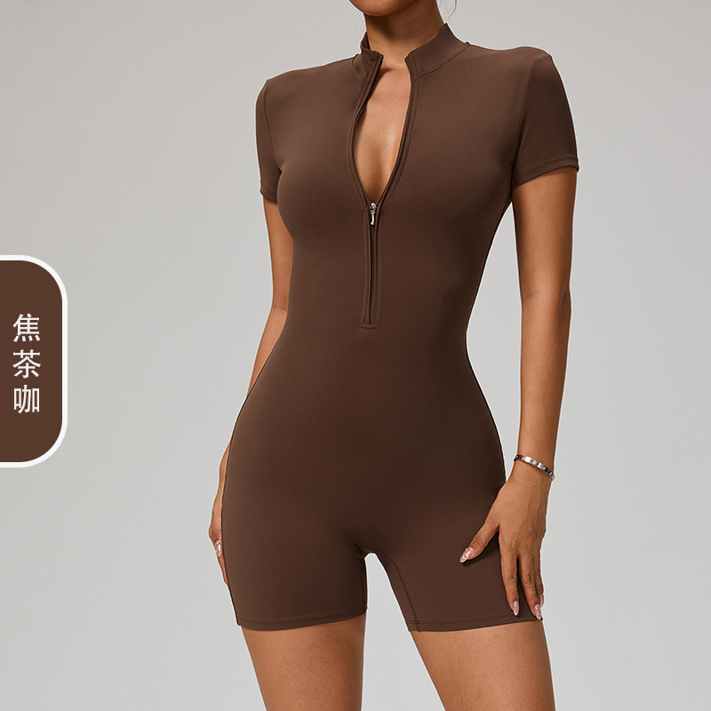 添亿欧美夏季拉链短袖瑜伽连体服女舞蹈健身紧身短裤运动连体衣|undefined