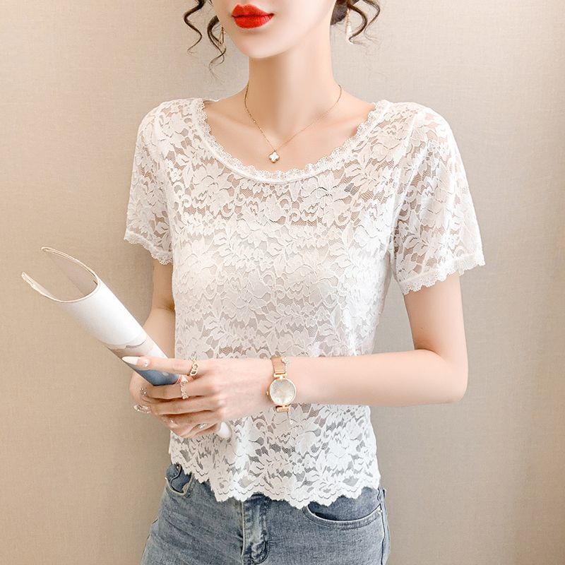 New Style Women's Lace Slim-Fit Short Top, Short-Sleeved Inner Wear, Elegant Blouse, Half-Sleeved, See-Through, Versatile Style New Style Women's Lace Slim-Fit Short Top, Short-Sleeved Inner Wear, Elegant Blouse, Half-Sleeved, See-Through, Versatile Style