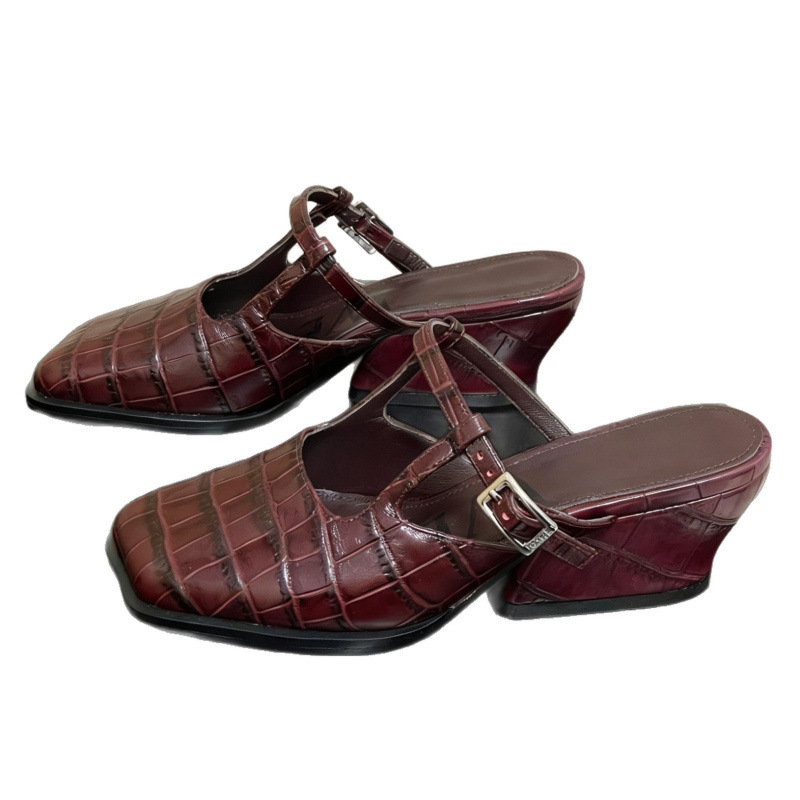 Women's Thick Sole Wedge Slippers With T-strap And Crocodile Print_voghion.com