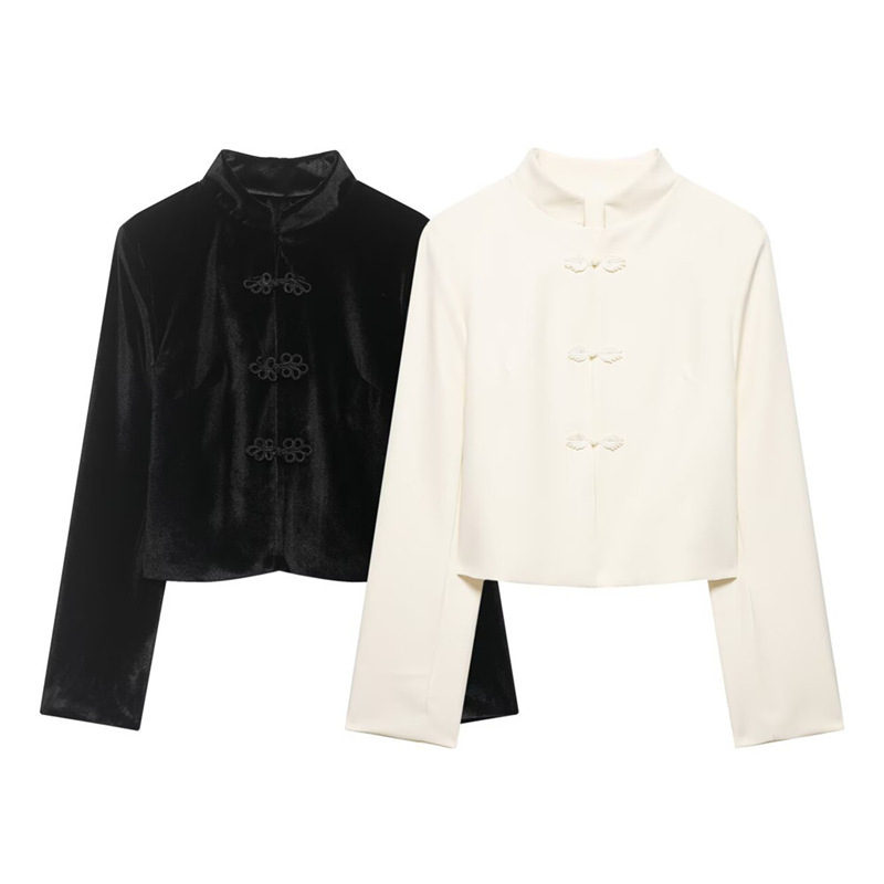 Myst&Za2026 New Summer Cross-Border Women's Clothing Solid Color Velvet Stand Collar Long Sleeve Buttoned Short Jacket Myst&Za2026 New Summer Cross-Border Women's Clothing Solid Color Velvet Stand Collar Long Sleeve Buttoned Short Jacket